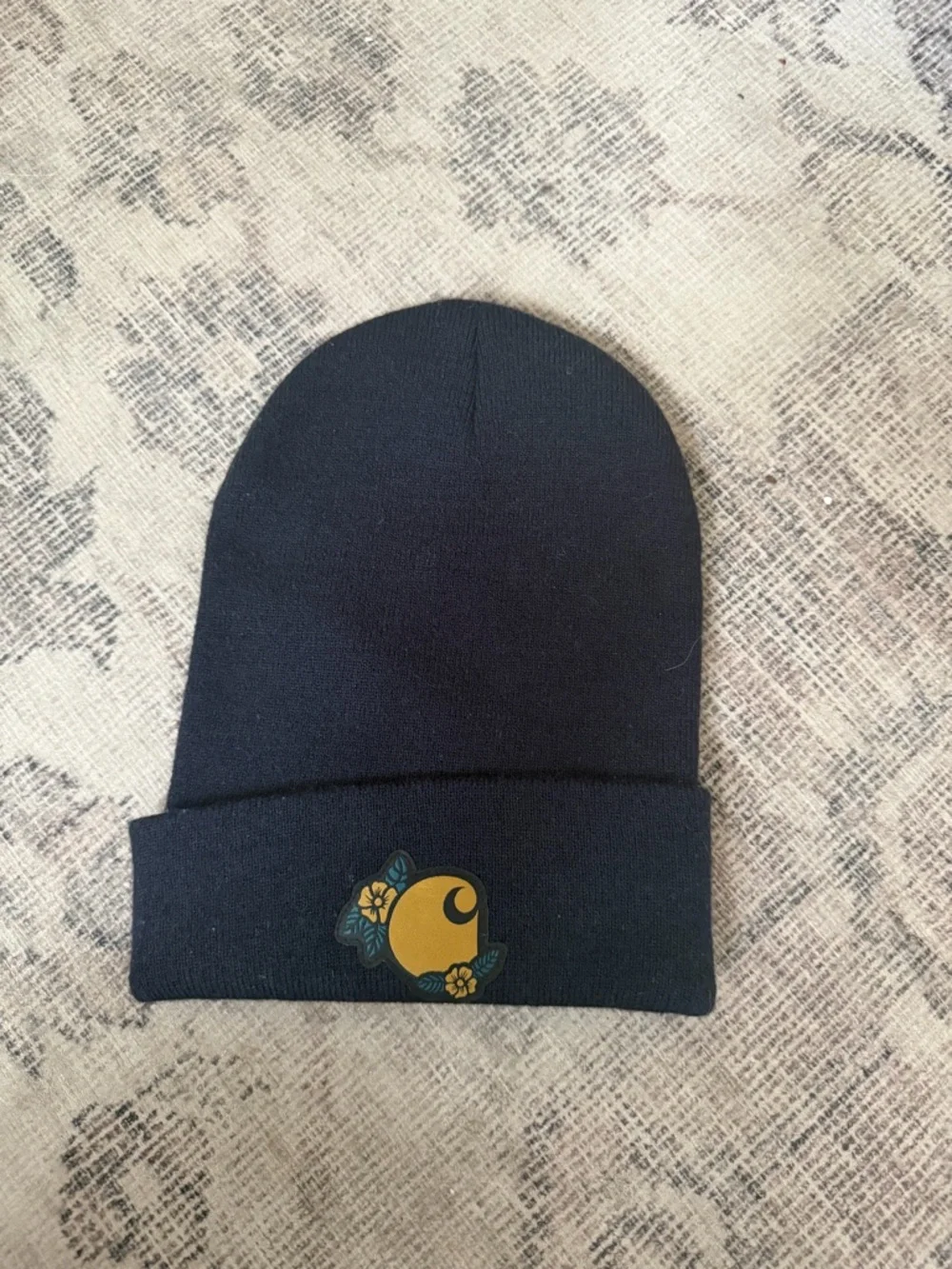 Carhartt Womens Knit Floral Patch Beanie Navy Blue Gold One Size AH6305-W